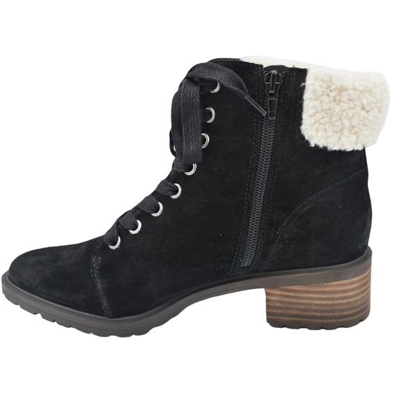 Lucky Brand "Jacenia" Black Suede Lace-Up Combat Boot Ivory Faux Shearling Cuffs - Picture 3 of 8